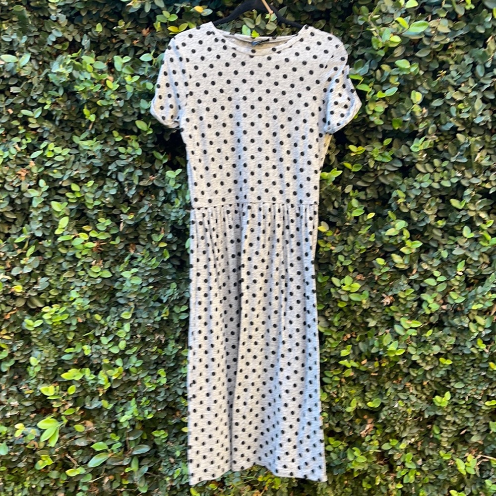 ASOS Heather Grey w/ Black Velvety Polka Dots Midi Dress Linen/Poly Blend